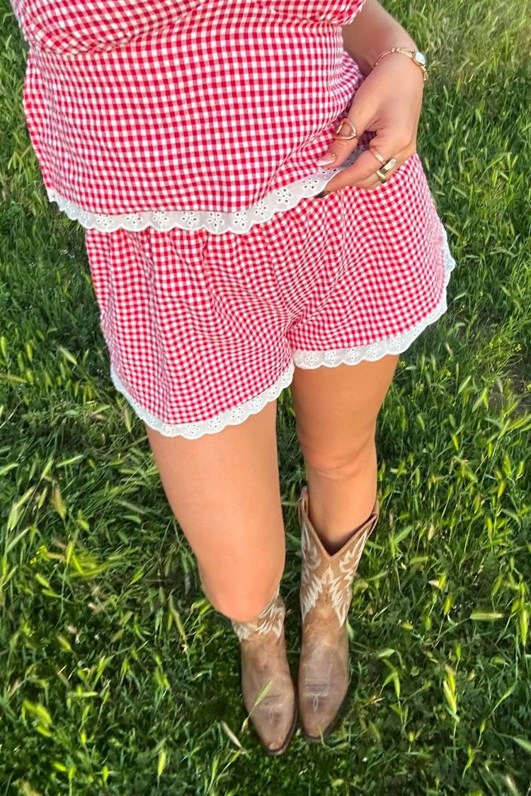 Arnie Red Gingham Broderie Lace Shorts — 4