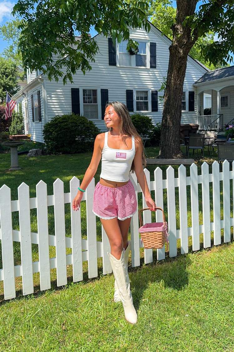 Arnie Red Gingham Broderie Lace Shorts — 5