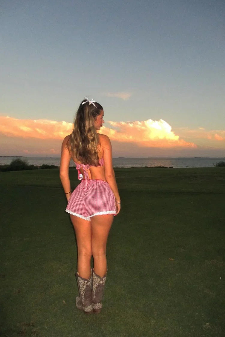 Arnie Red Gingham Broderie Lace Shorts — 1