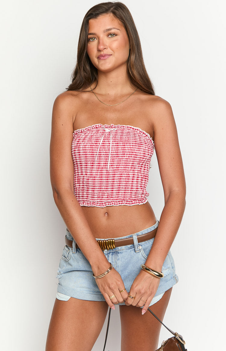 Boston Red Gingham Strapless Top — 1