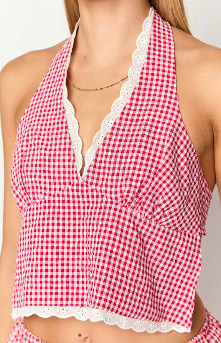 Arnie Red Gingham Broderie Lace Halter Top — 6