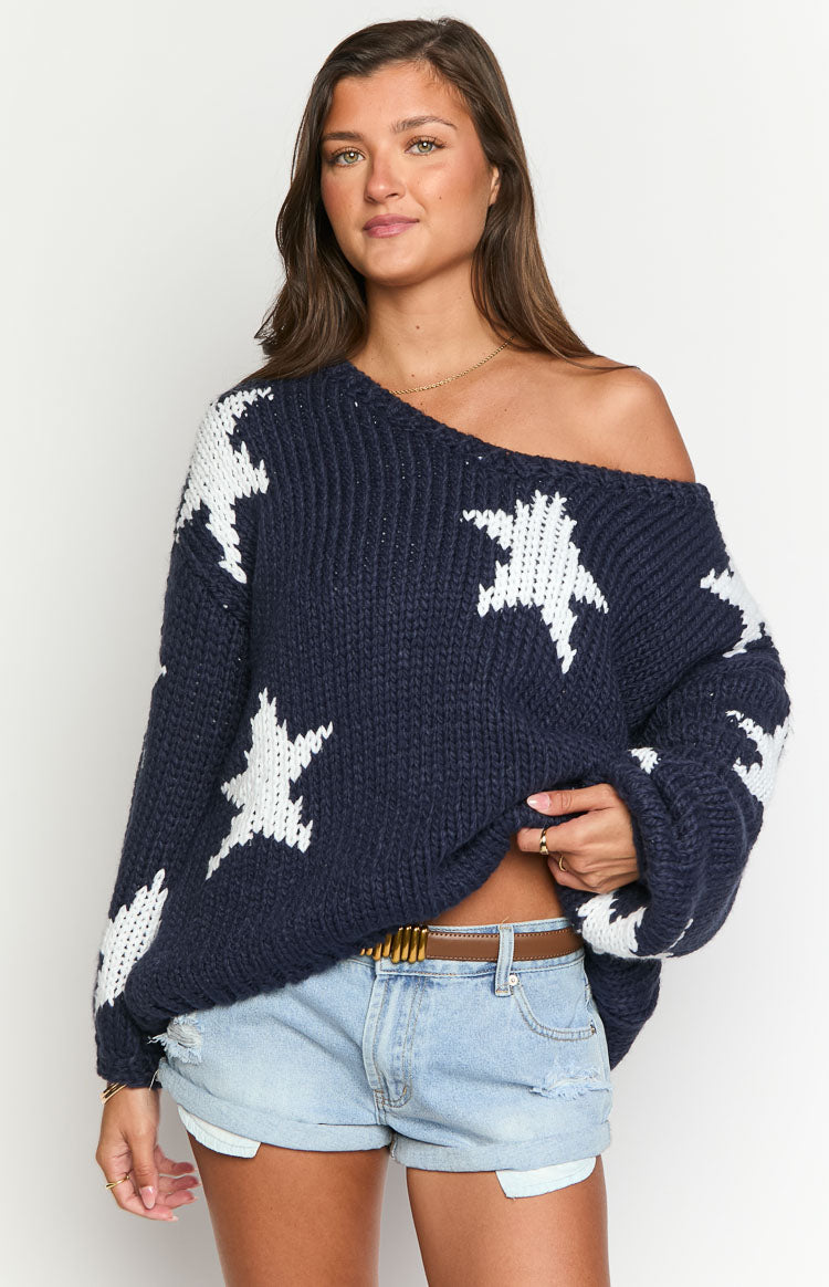 Delvey Navy Star Chunky Knit Sweater — 2