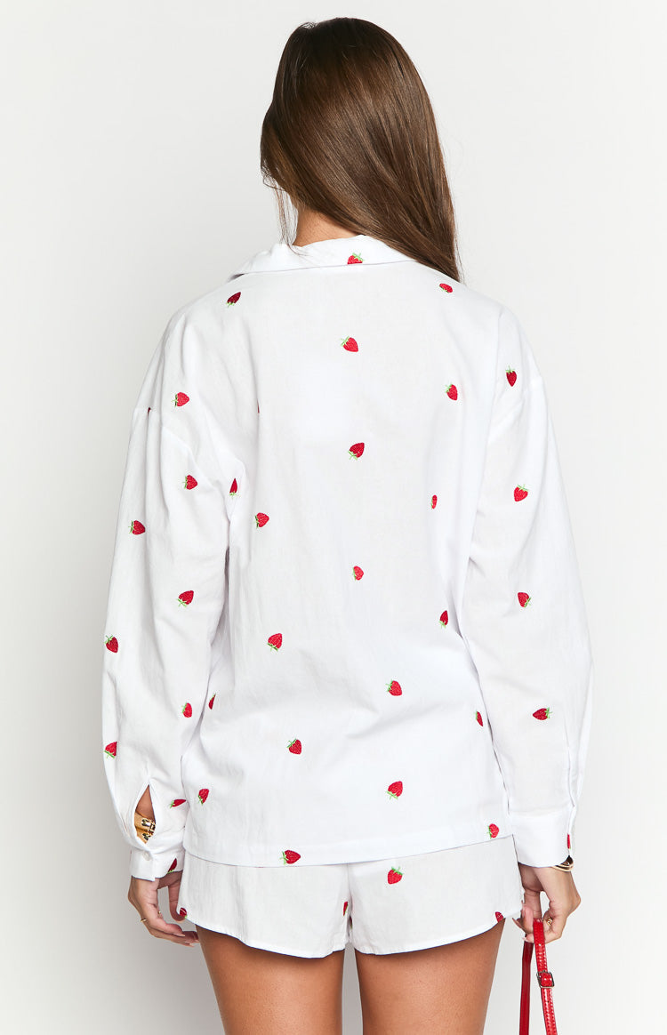 Margarita White Strawberry Embroidered Long Sleeve Shirt — 5
