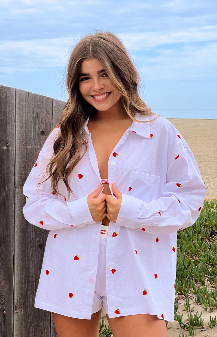 Margarita White Strawberry Embroidered Long Sleeve Shirt — 7