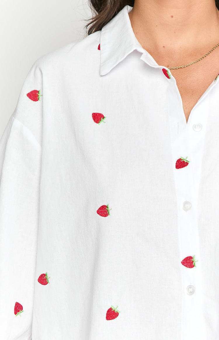 Margarita White Strawberry Embroidered Long Sleeve Shirt — 6