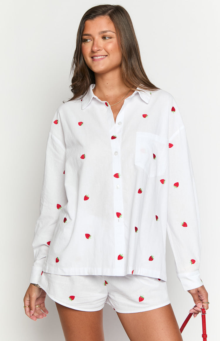 Margarita White Strawberry Embroidered Long Sleeve Shirt — 1