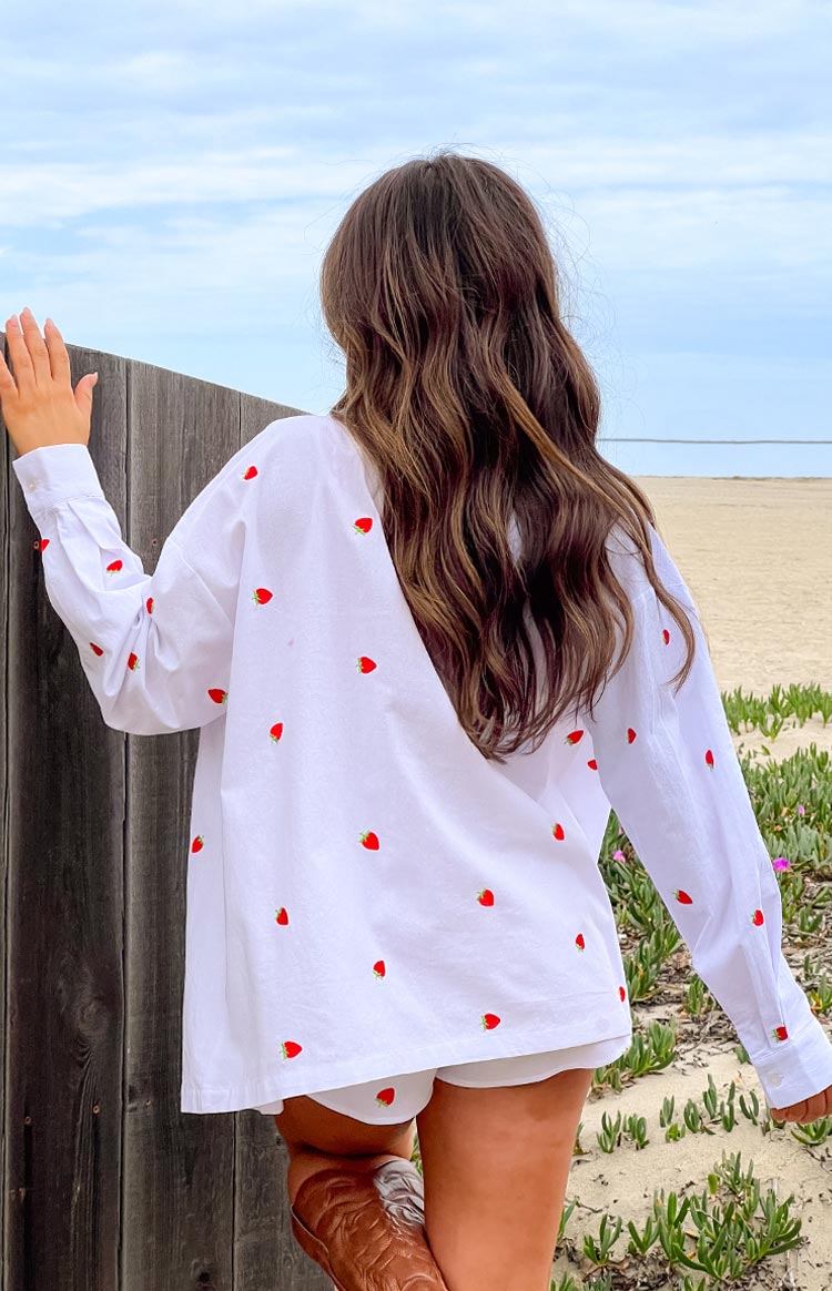 Margarita White Strawberry Embroidered Long Sleeve Shirt — 8