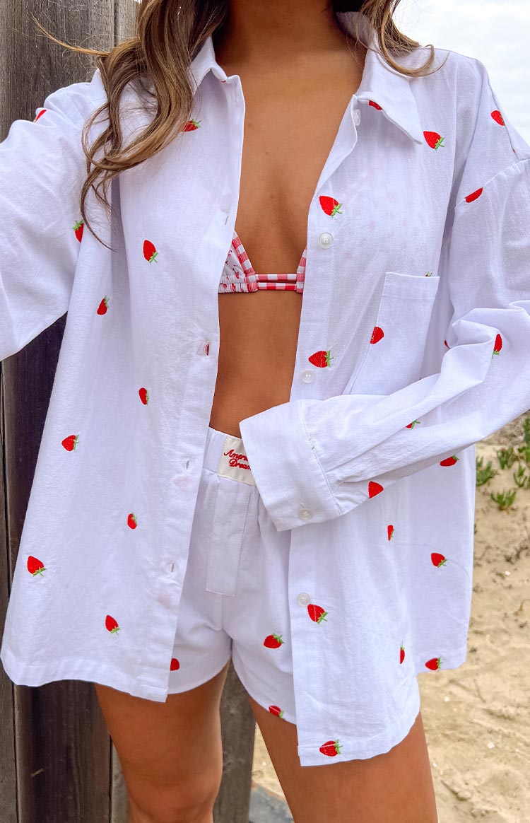 Margarita White Strawberry Embroidered Long Sleeve Shirt — 10