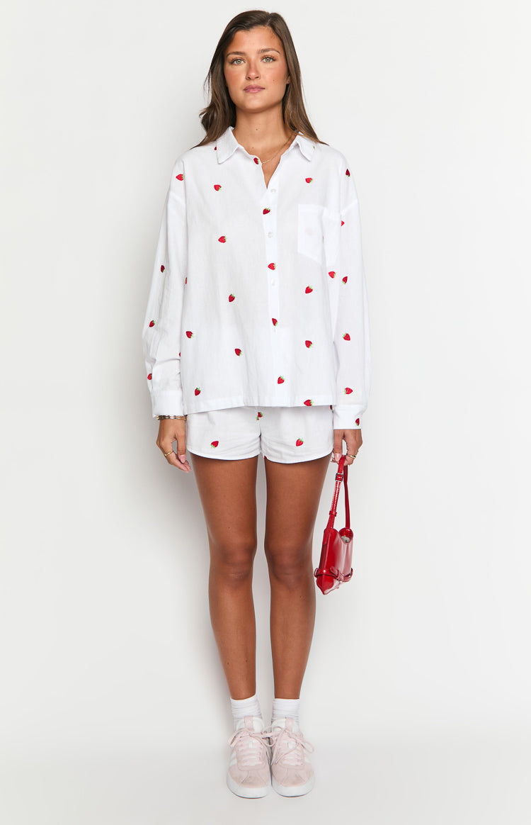 Margarita White Strawberry Embroidered Long Sleeve Shirt — 3