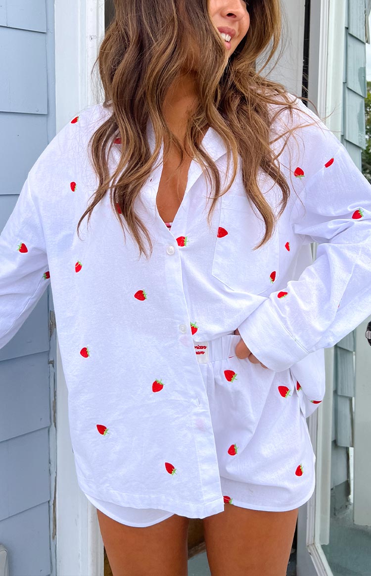 Margarita White Strawberry Embroidered Long Sleeve Shirt — 1