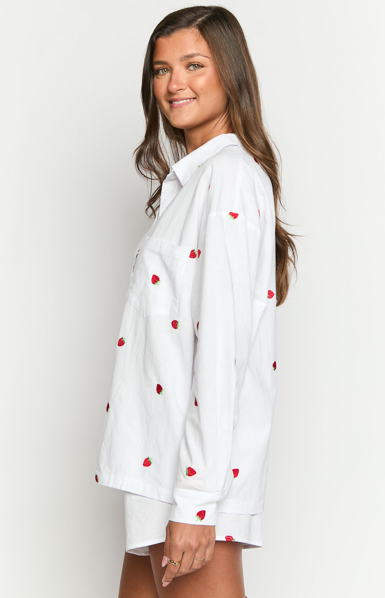 Margarita White Strawberry Embroidered Long Sleeve Shirt — 4