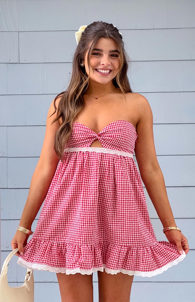 Maisie Red Gingham Strapless Mini Dress — 8
