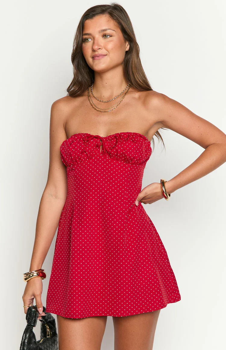 Faith Red Polka Dot Strapless Mini Dress — 2