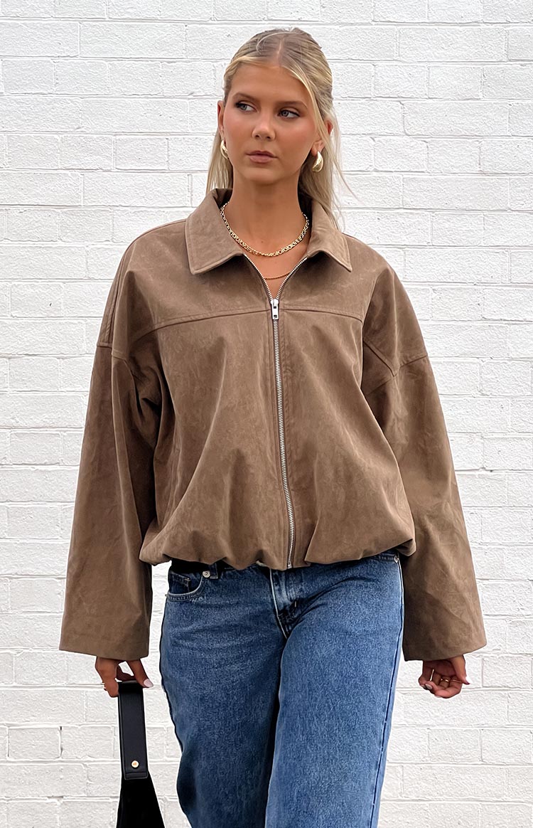 River Brown Suedette Bubble Hem Bomber Jacket — 14