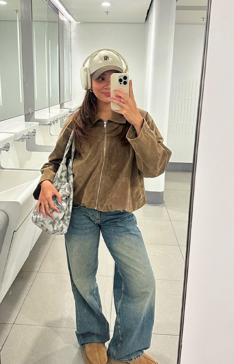 River Brown Suedette Bubble Hem Bomber Jacket — 4
