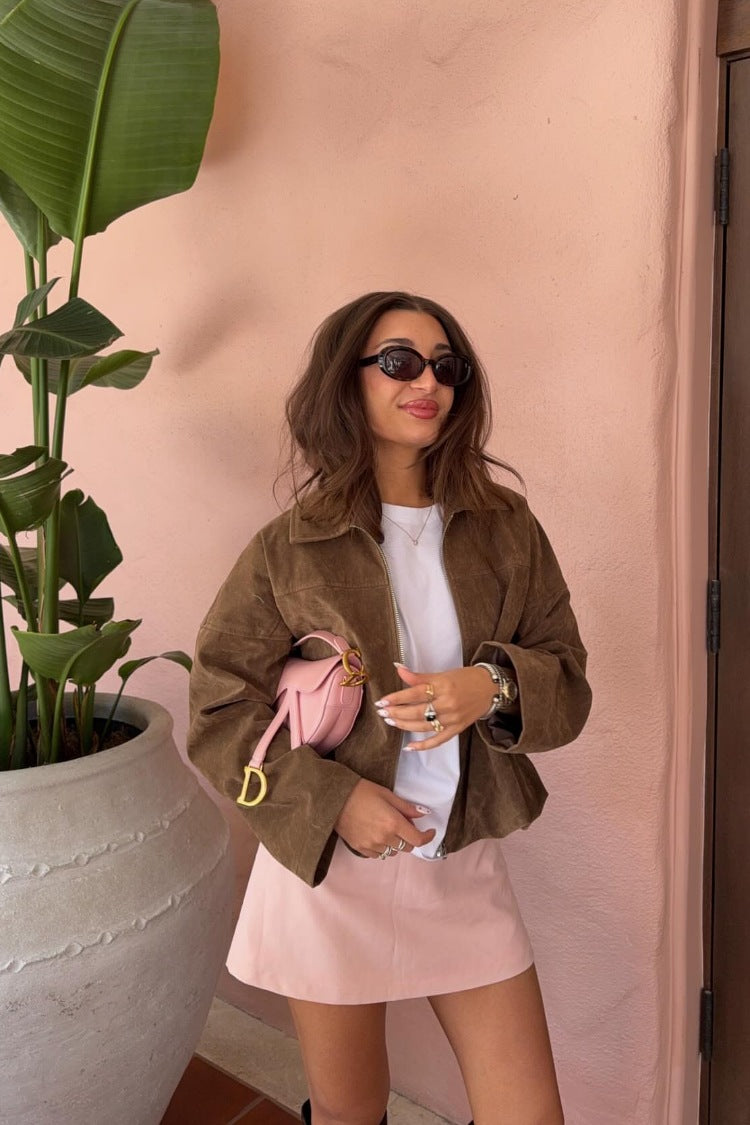 River Brown Suedette Bubble Hem Bomber Jacket — 6