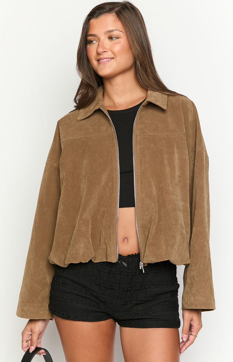 River Brown Suedette Bubble Hem Bomber Jacket — 8