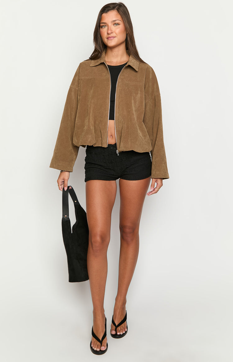 River Brown Suedette Bubble Hem Bomber Jacket — 9