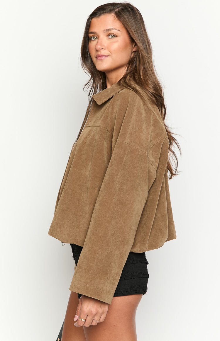 River Brown Suedette Bubble Hem Bomber Jacket — 10