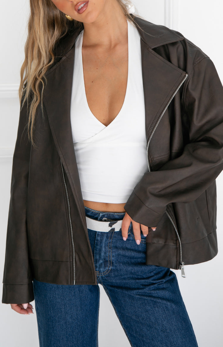 Rochelle PU Chocolate Brown Oversized Biker Jacket — 1