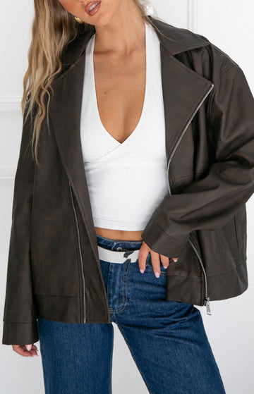 Rochelle PU Chocolate Brown Oversized Biker Jacket — 1