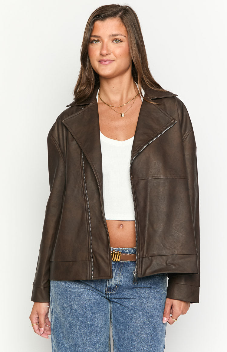 Rochelle PU Chocolate Brown Oversized Biker Jacket — 1