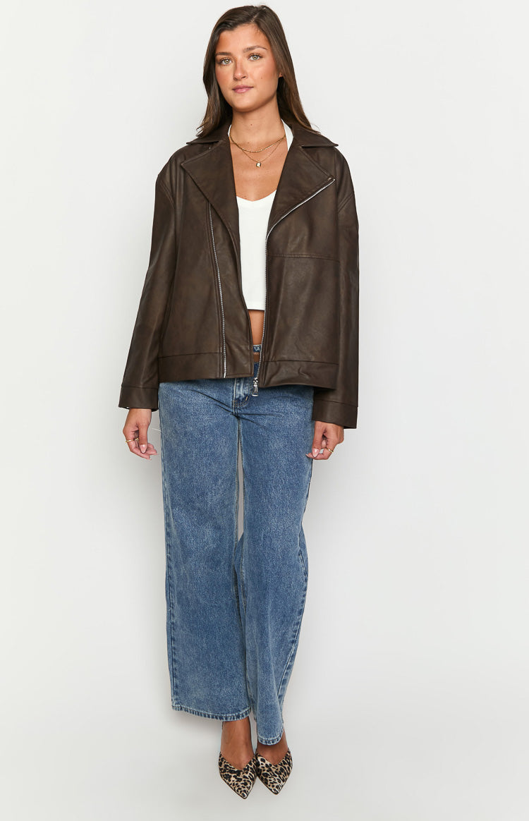 Rochelle PU Chocolate Brown Oversized Biker Jacket — 3