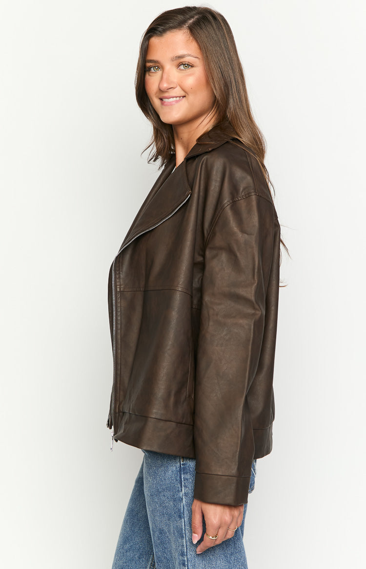 Rochelle PU Chocolate Brown Oversized Biker Jacket — 4
