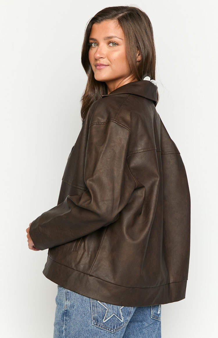 Rochelle PU Chocolate Brown Oversized Biker Jacket — 5