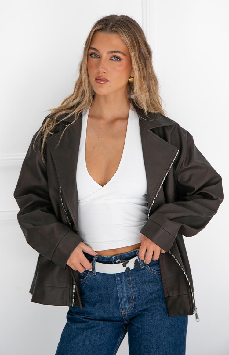Rochelle PU Chocolate Brown Oversized Biker Jacket — 7