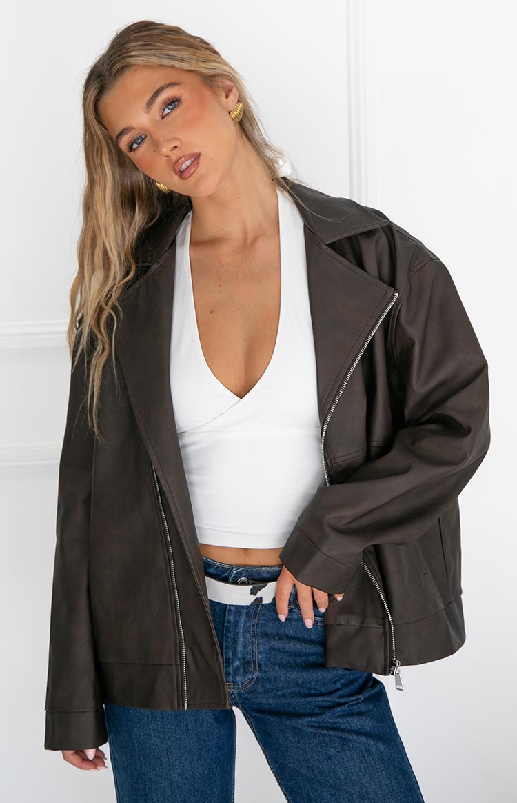 Rochelle PU Chocolate Brown Oversized Biker Jacket — 8
