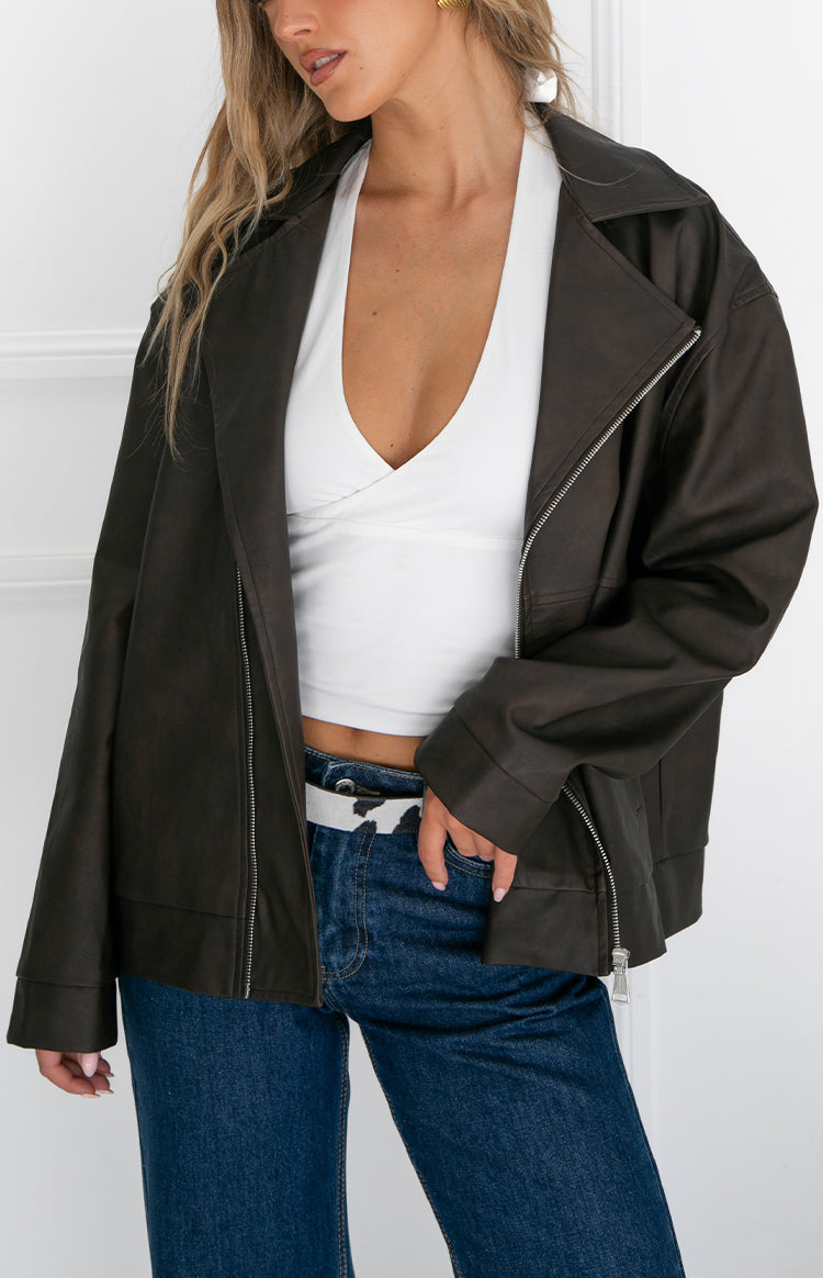 Rochelle PU Chocolate Brown Oversized Biker Jacket — 9
