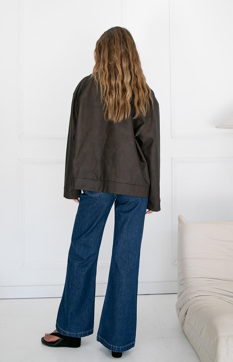 Rochelle PU Chocolate Brown Oversized Biker Jacket — 11
