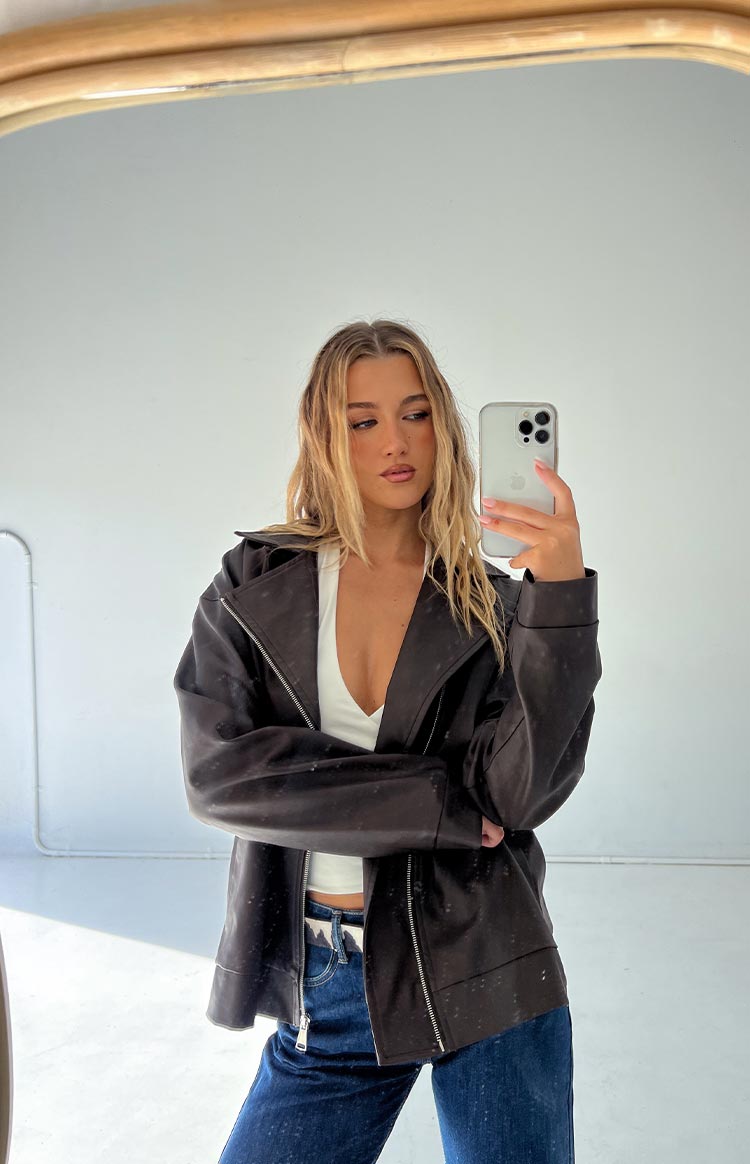 Rochelle PU Chocolate Brown Oversized Biker Jacket — 12