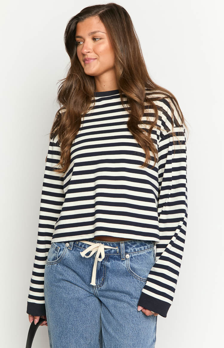So Breezy Navy Stripe Long Sleeve Top — 1