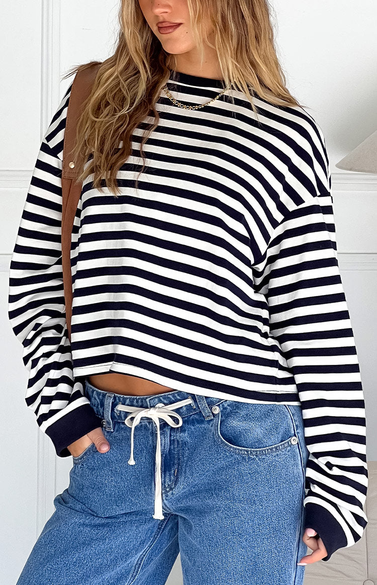 So Breezy Navy Stripe Long Sleeve Top — 12