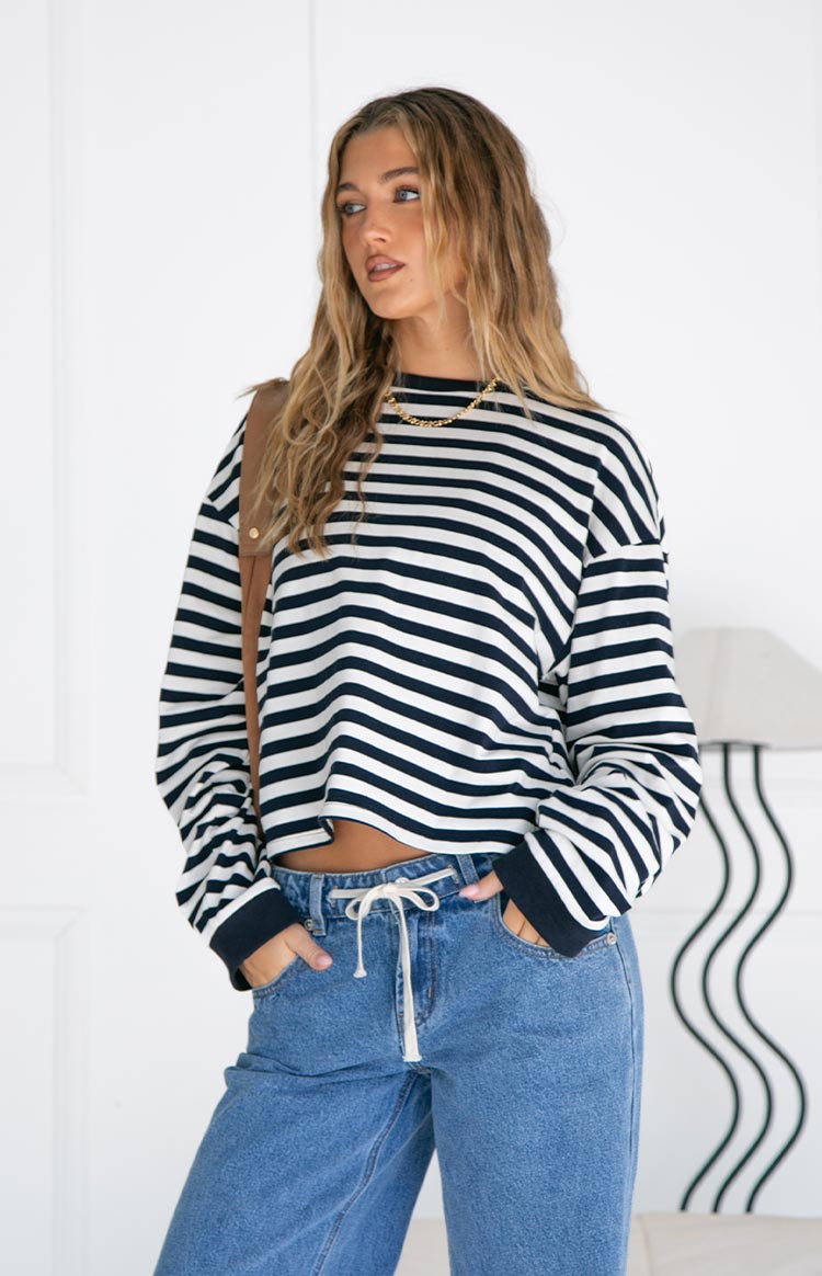 So Breezy Navy Stripe Long Sleeve Top — 13