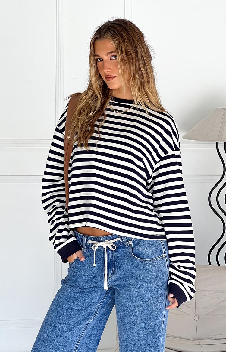 So Breezy Navy Stripe Long Sleeve Top — 14