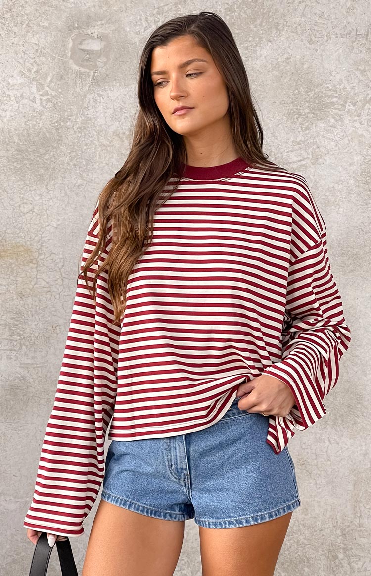 Lioness Bloom Wine Stripe Long Sleeve Top — 14