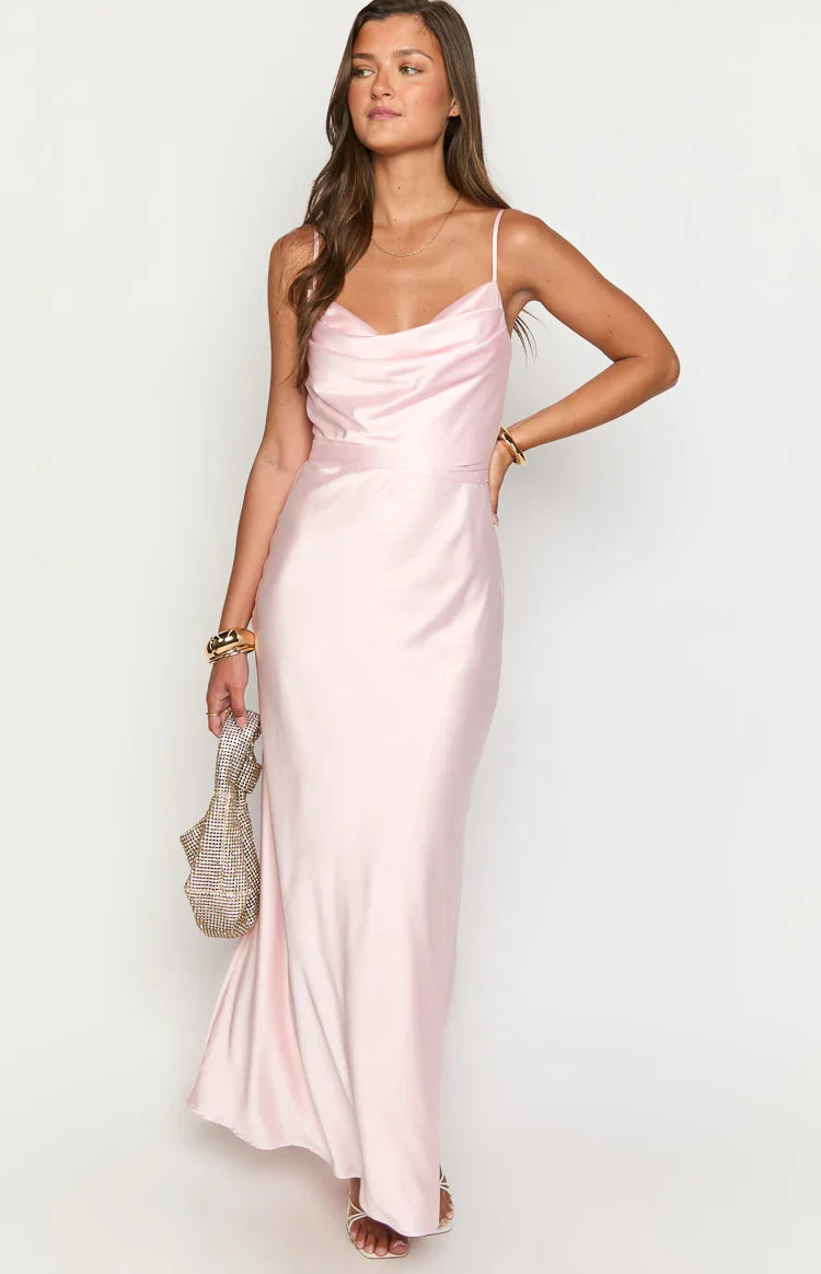Elma Pink Satin Wrap Tie Maxi Dress — 2