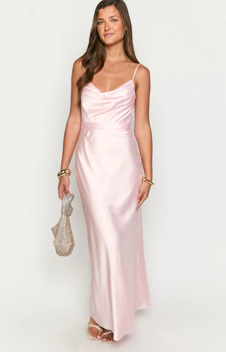 Elma Pink Satin Wrap Tie Maxi Dress — 3