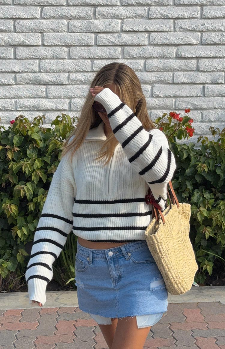 Copenhagen Cream Stripe Quarter Zip Knit Jumper — 1