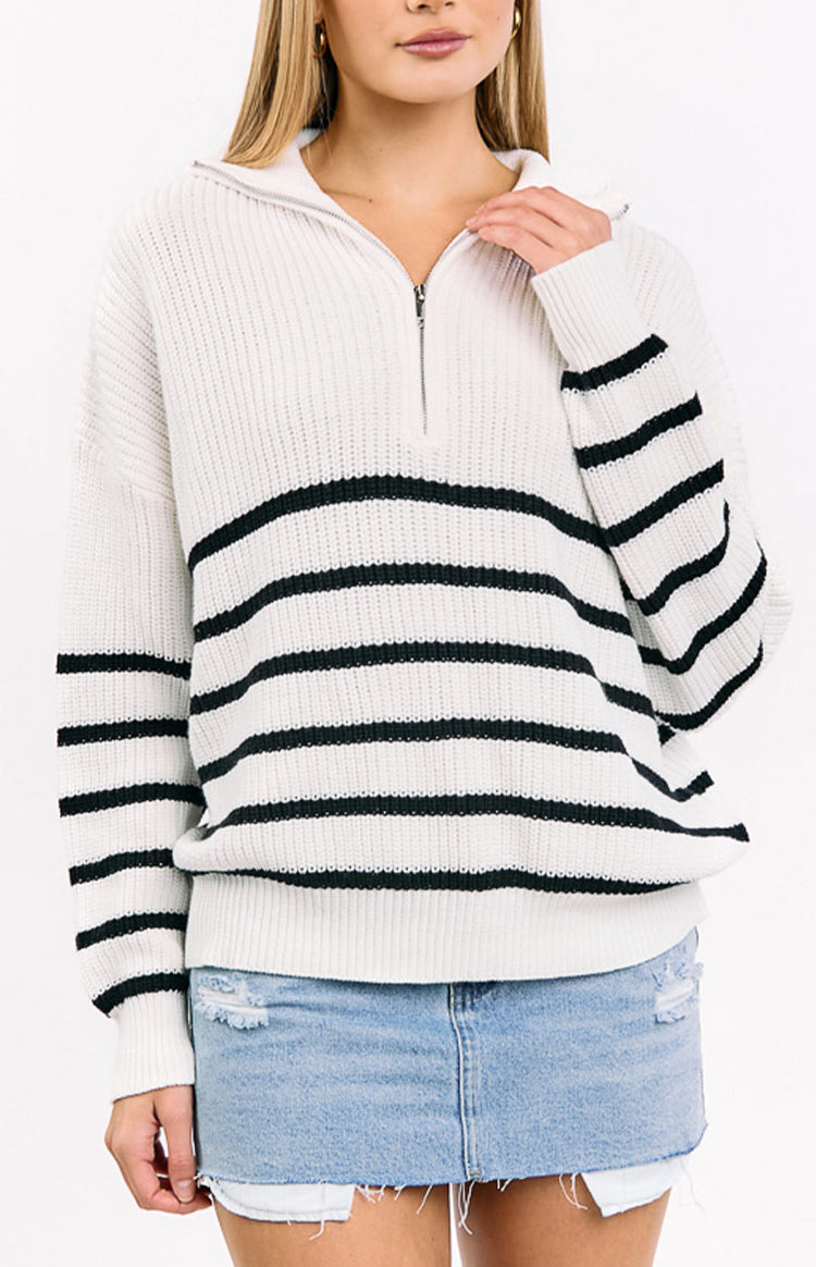 Copenhagen Cream Stripe Quarter Zip Knit Jumper — 11