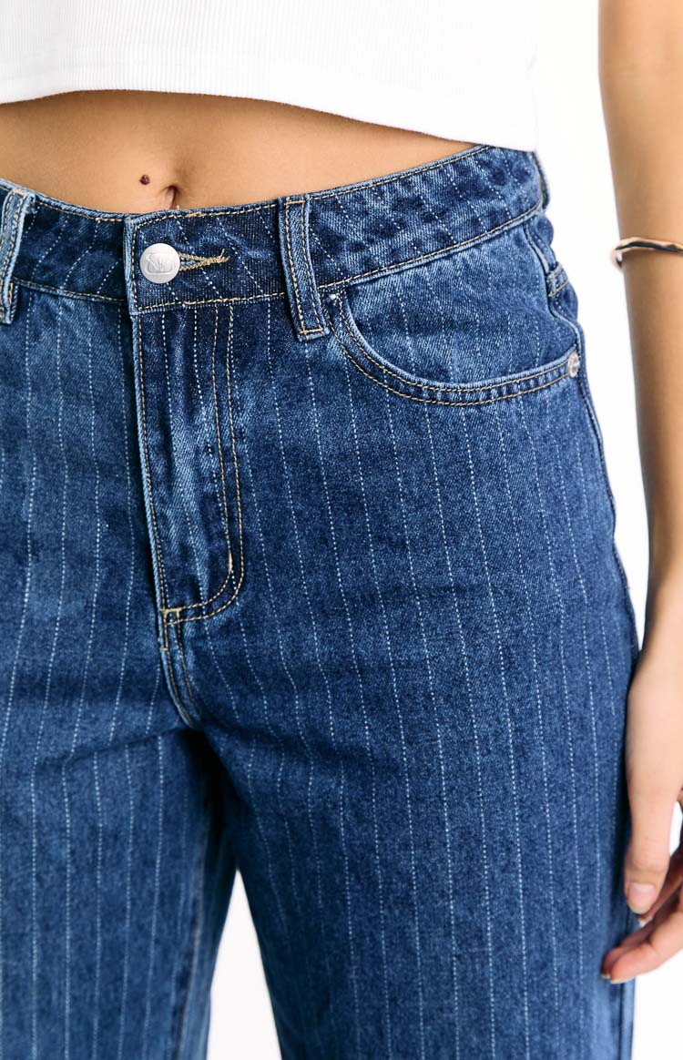 Calliope Pinstripe Mid Wash Mid Rise Slouchy Jeans — 9