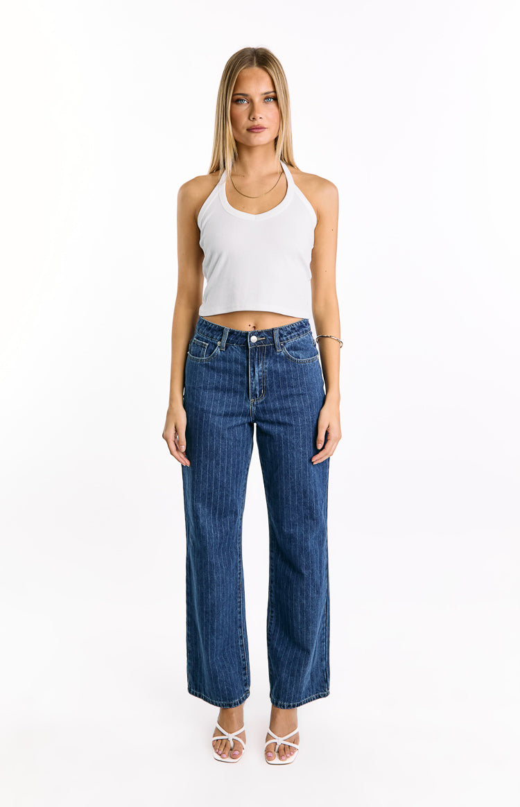Calliope Pinstripe Mid Wash Mid Rise Slouchy Jeans — 6