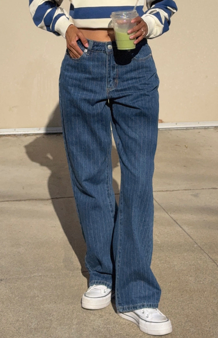 Calliope Pinstripe Mid Wash Mid Rise Slouchy Jeans — 11