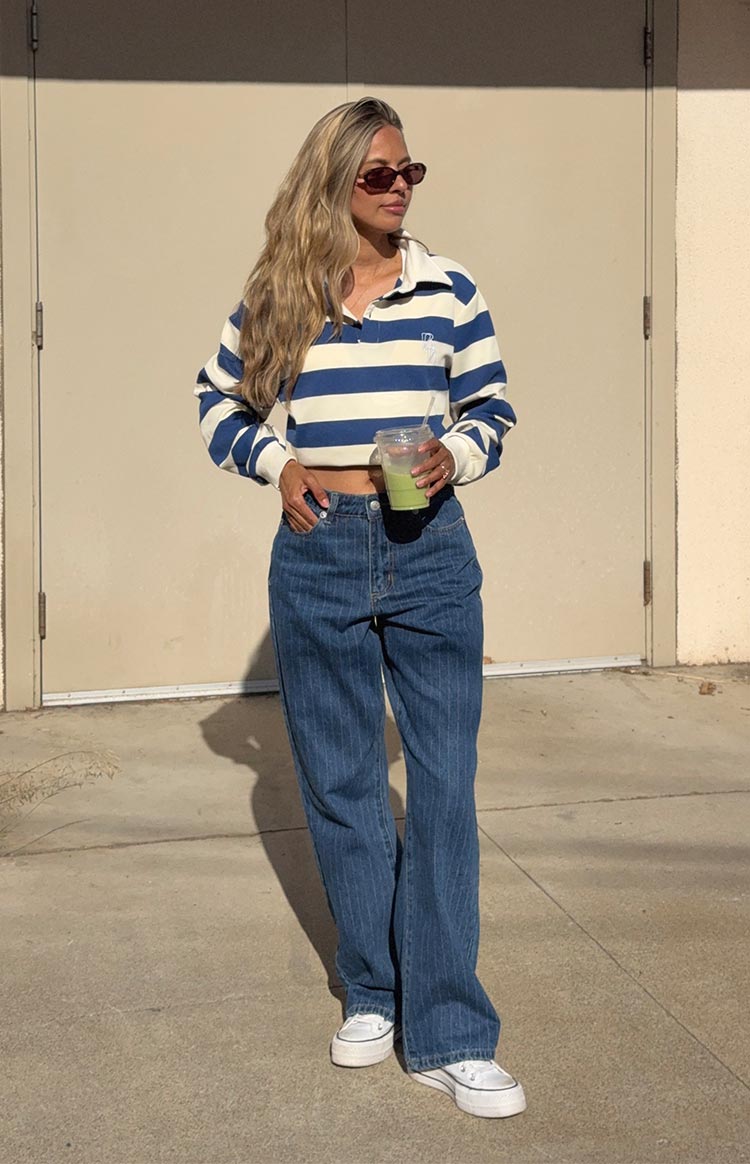 Calliope Pinstripe Mid Wash Mid Rise Slouchy Jeans — 13