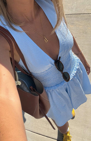 Juna Light Blue Stripe Shirred Mini Dress — 1