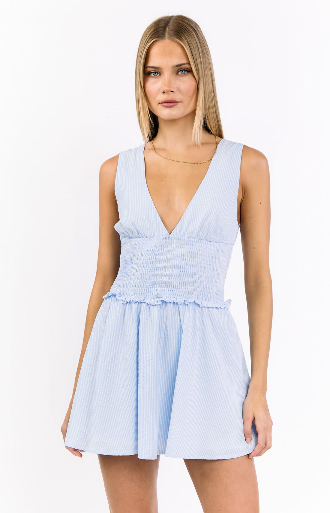 Juna Light Blue Stripe Shirred Mini Dress — 1