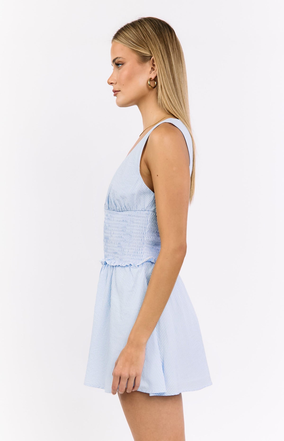 Juna Light Blue Stripe Shirred Mini Dress — 4